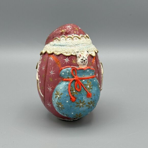 Russian Handpainted Carved Santa with Bell Tree Toy Bag Egg 3D Figurine Signed - Picture 5 of 9